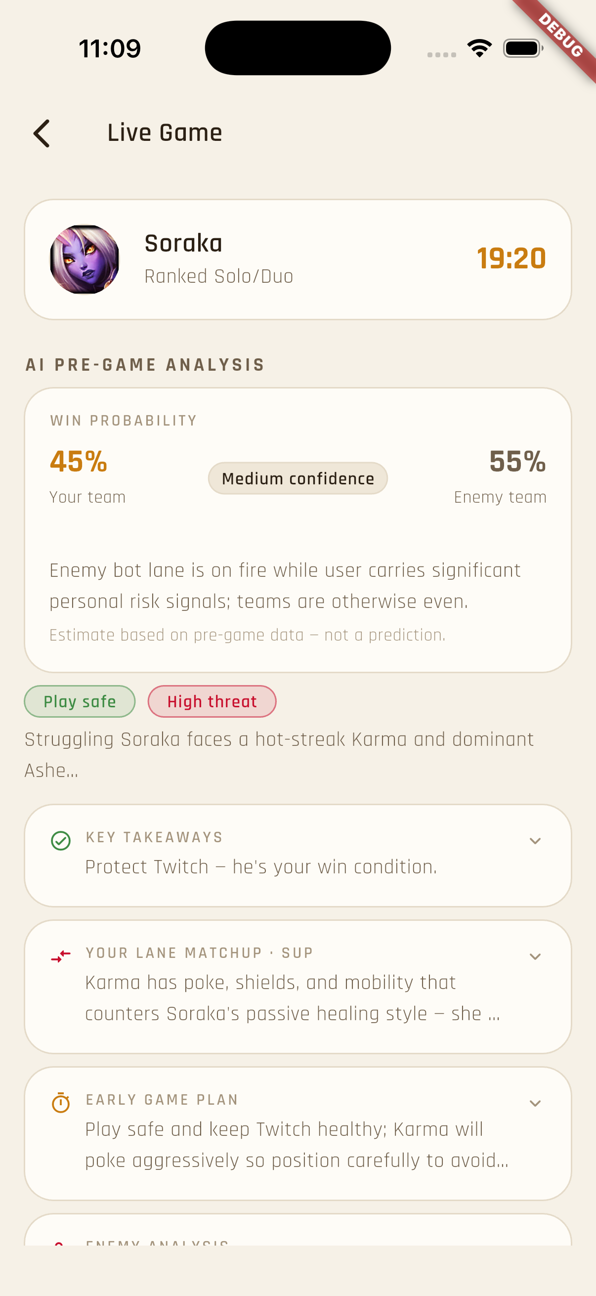 AI pre-game analysis screen with win probability